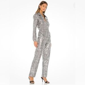 NWT RONNY KOBO Ozzy Jumpsuit Medium Silver Long Sleeve Zip Animal Print‎ …